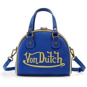 VON DUTCH NAVY BLUE AND GOLD TWO-TONE BOWLING BAG PURSE
